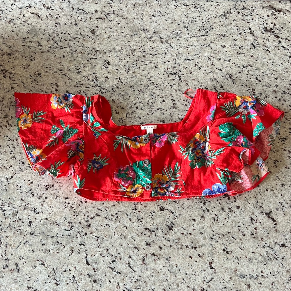 Miami Red Floral Button-Up Cropped Top